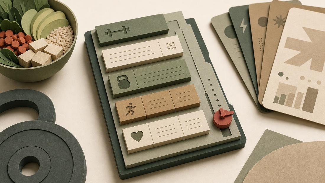 A calm fitness workbench with stacked plan blocks, a meal bowl, weight plates, and one clay-red lever making a small adjustment.