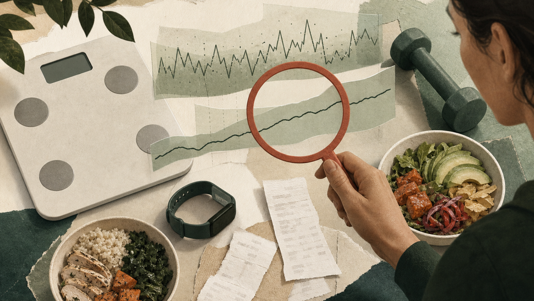 A coach reviews noisy fitness signals with a scale, meals, sleep band, trend lines, and a clay-red magnifying ring highlighting the useful pattern.