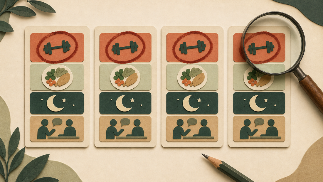 Four weekly plan cards show the same workout slot circled in clay red each week, with a magnifying glass and pencil pointing to the repeated break.