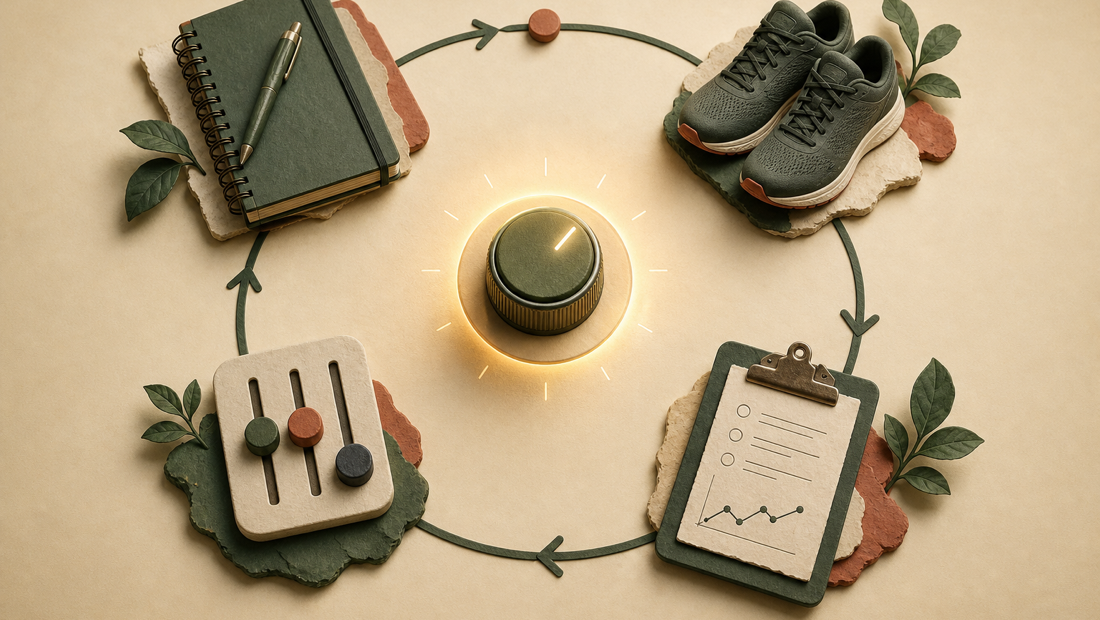 A circular feedback loop made from a notebook, training shoes, a review clipboard, sliders, and one highlighted adjustment dial.