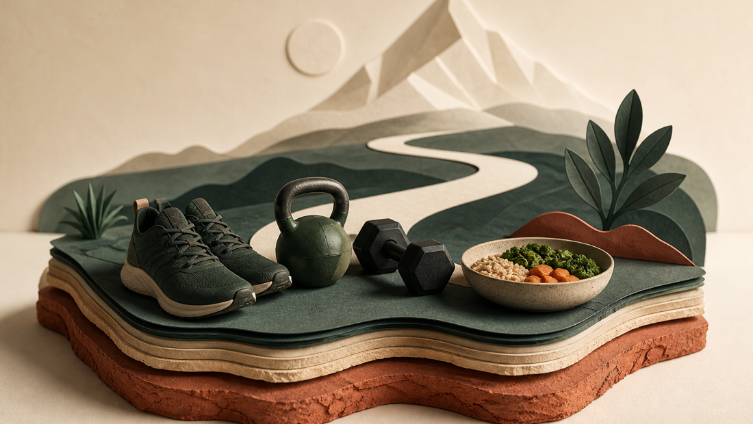 A layered training foundation with shoes, weights, a meal bowl, and a path toward a mountain-like horizon.