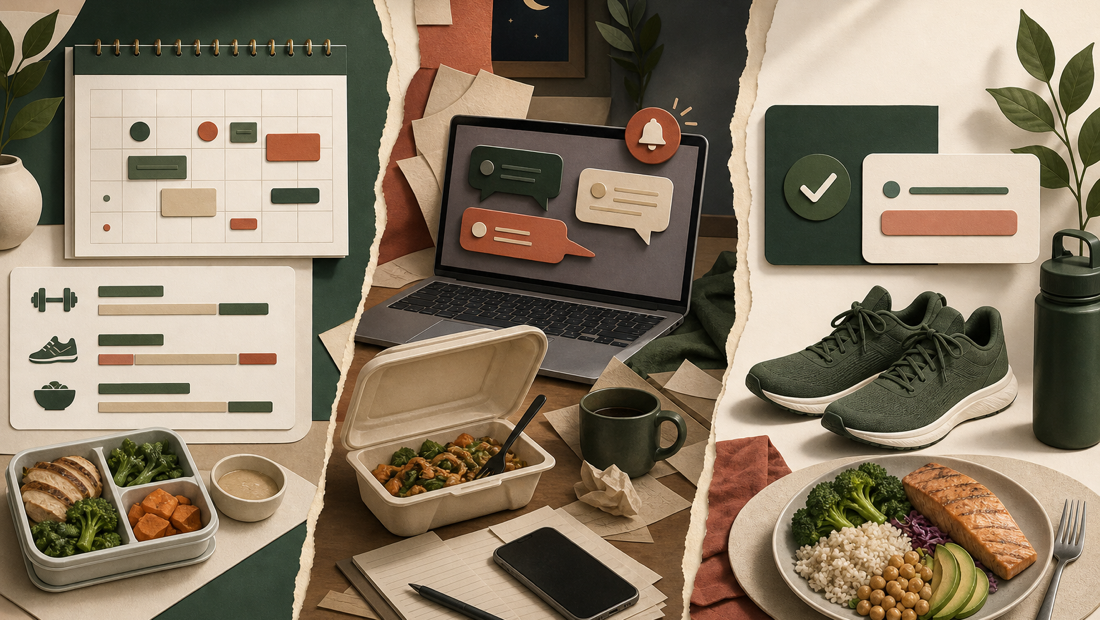 An editorial split-scene showing a planned week, a disrupted workday, and a calm reset with training shoes and a balanced meal.
